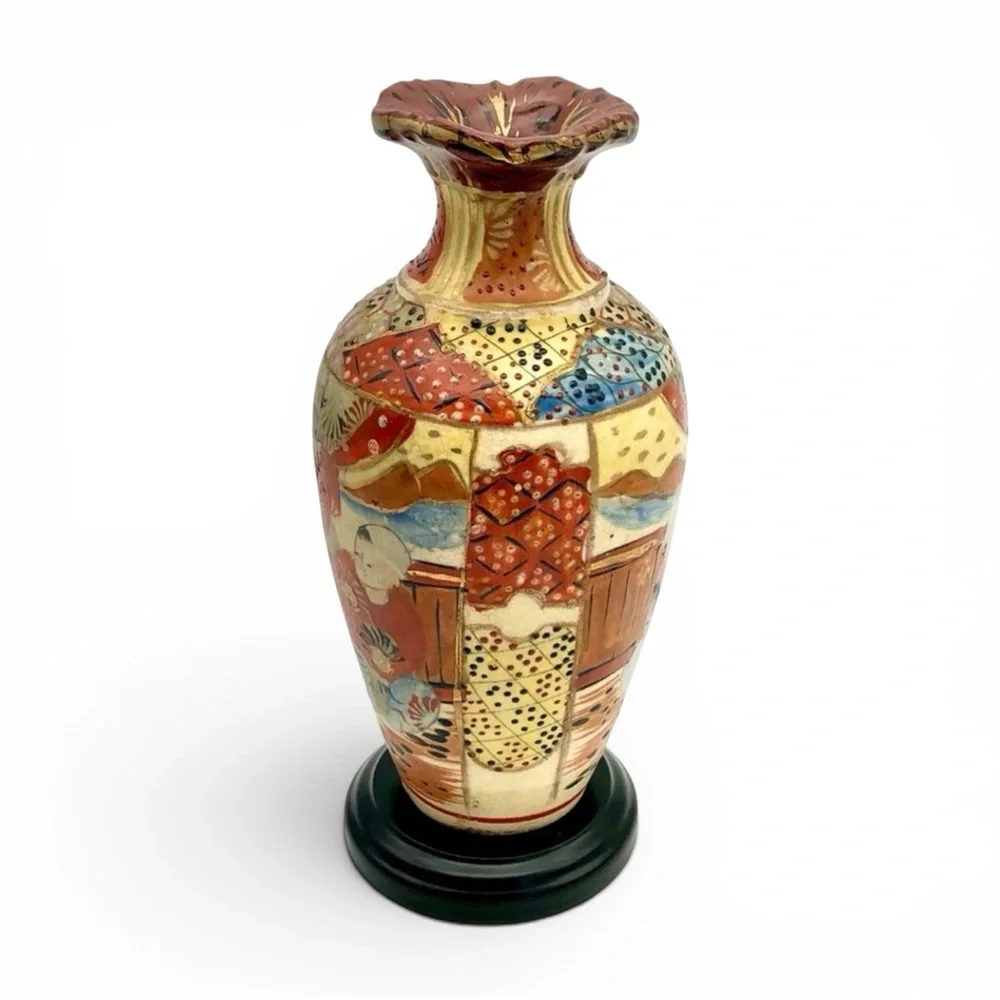 Antique Kyoto Satsuma Japanese Vase Earthenware Ruffle Top Moriage Figural